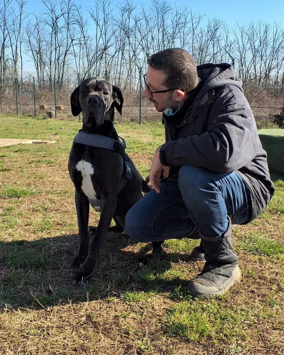Danilo Monverde accovacciato accanto a un cane nero in canile